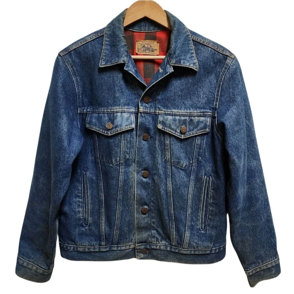 Plain Pocket Blue Denim Jean Jacket Men 40 Buffalo Plaid Lining Trucker Western
